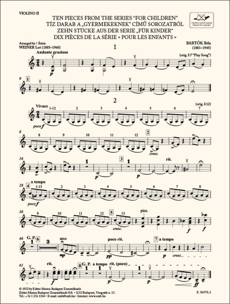 Ten Pieces from the Series 'For Children'-Violin 2
